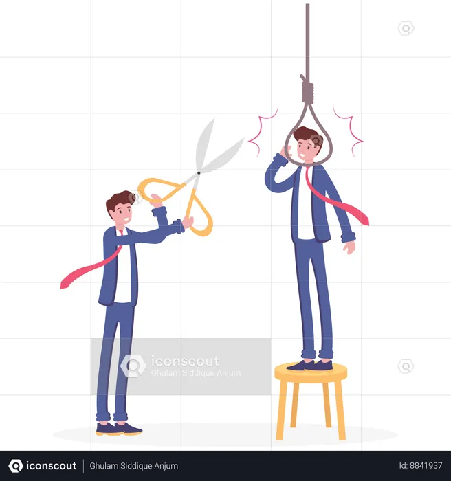 Businessmen with scissor cutting rope of hanging man  Illustration
