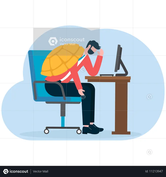 Businessmen with turtle shells on backs working slowly at computer desks  Illustration