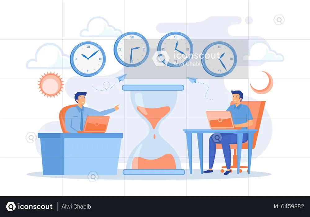 Businessmen working on laptop in different time zones  Illustration