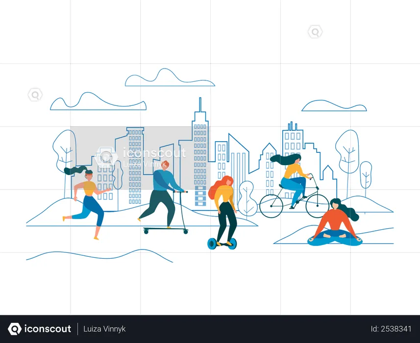 Businesspeople daily activity like Cycling, Run, Jogging, Ride Scooter Hoverboard, Meditate  Illustration
