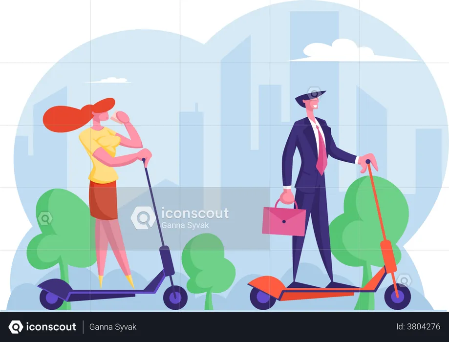 Businesspeople going office on electric scooter  Illustration