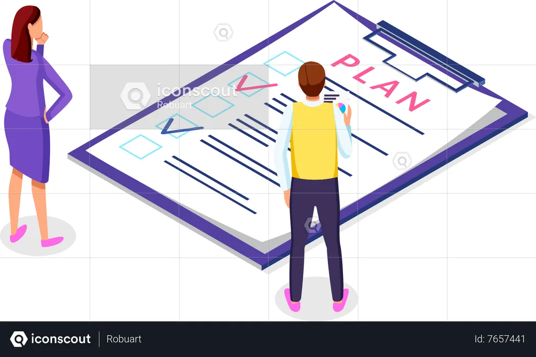 Businesspeople man woman analyzing business plan checklist  Illustration