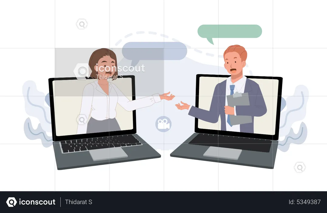 Businesspeople talk through laptop screens  Illustration