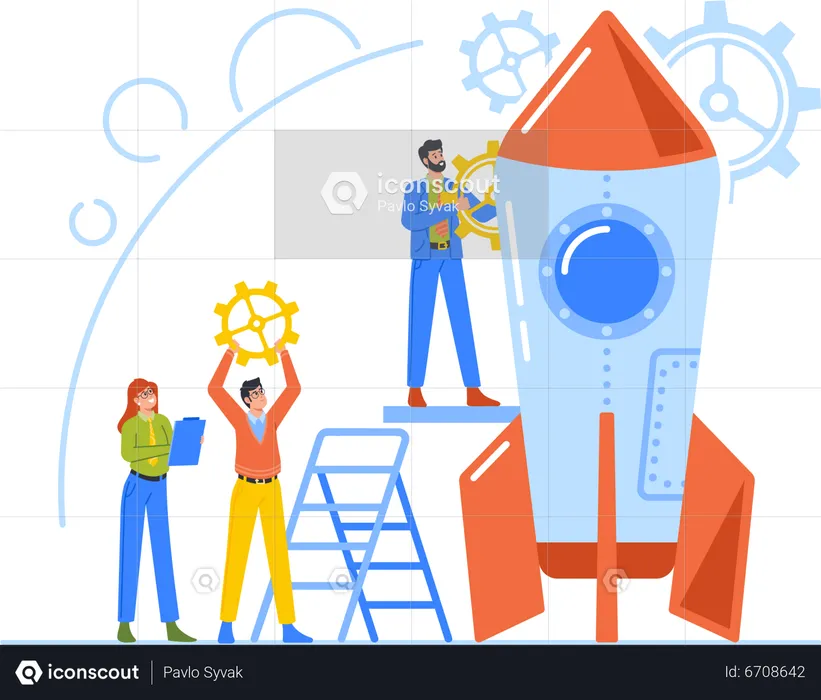Businesspeople with Huge Gears Prepare Spaceship for Take Off  Illustration