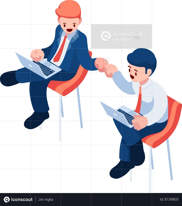 Businesspeople Working on Laptop Giving Each Other a Fist Bump  Illustration