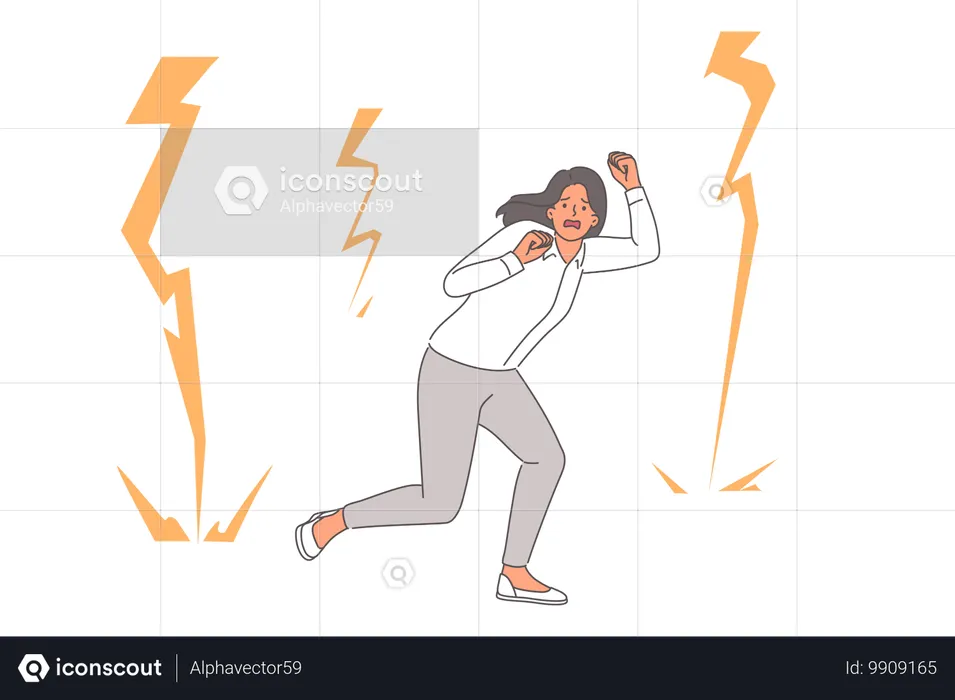 Businesswoman afraid lightning and runs around in panic while needing lessons on how to deal with fears  Illustration