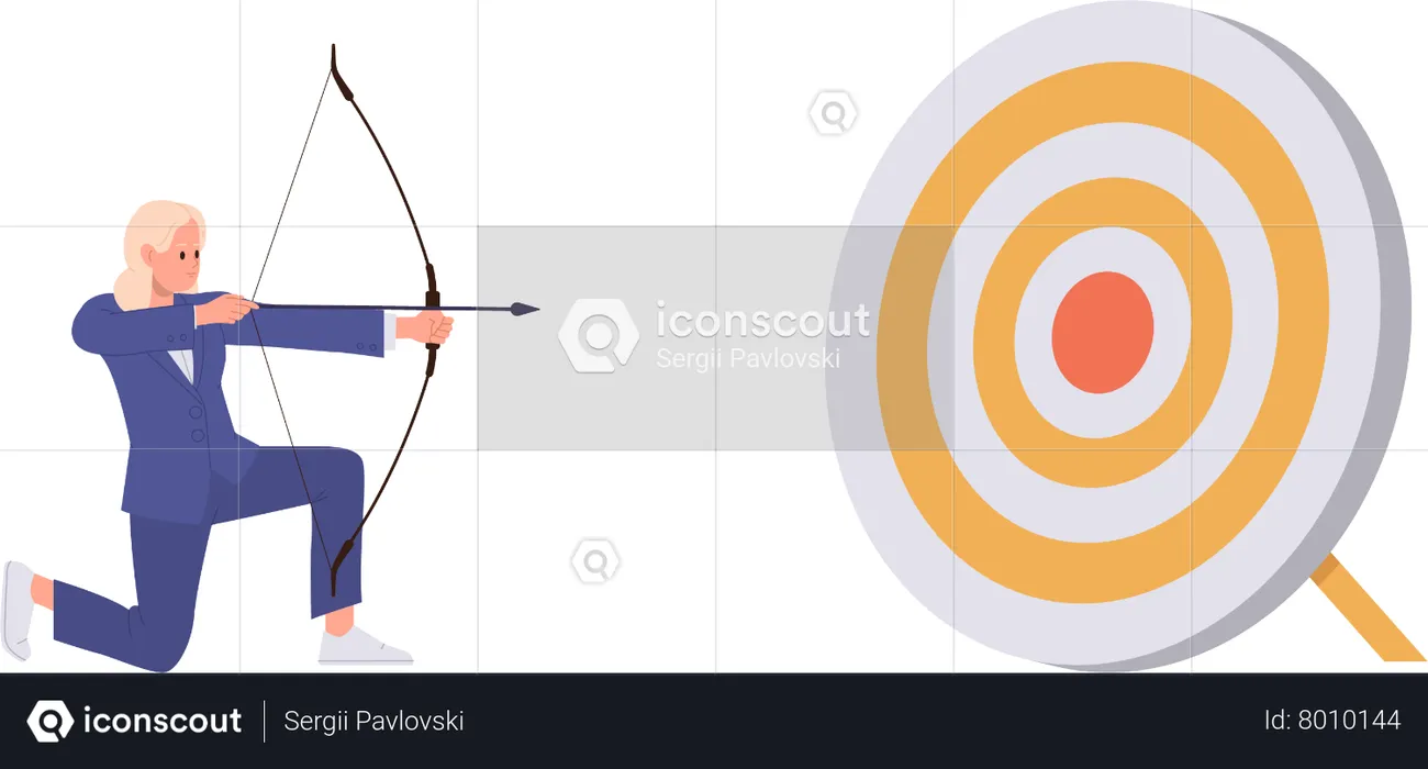 Businesswoman aiming arrow to target checking new mission objective and strategy  Illustration