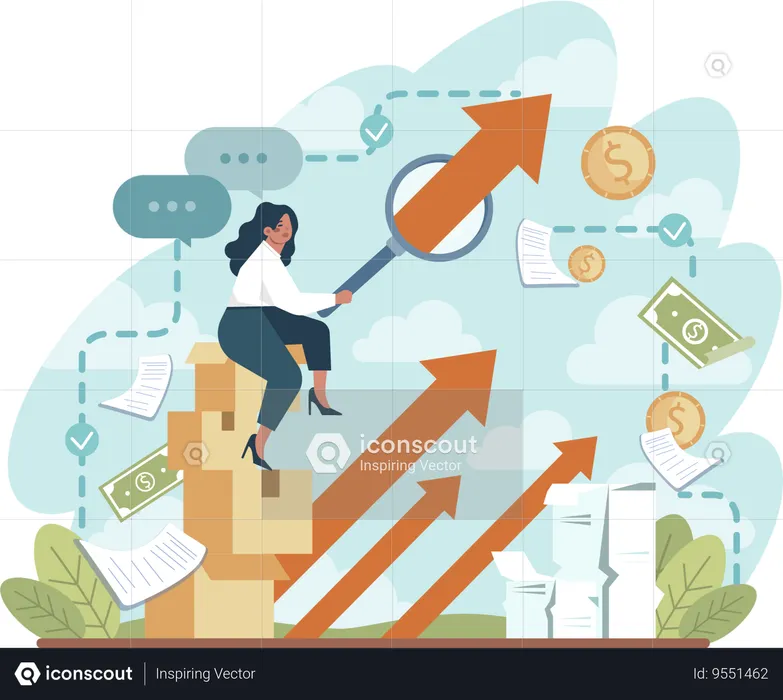 Businesswoman analyzes growth graph  Illustration