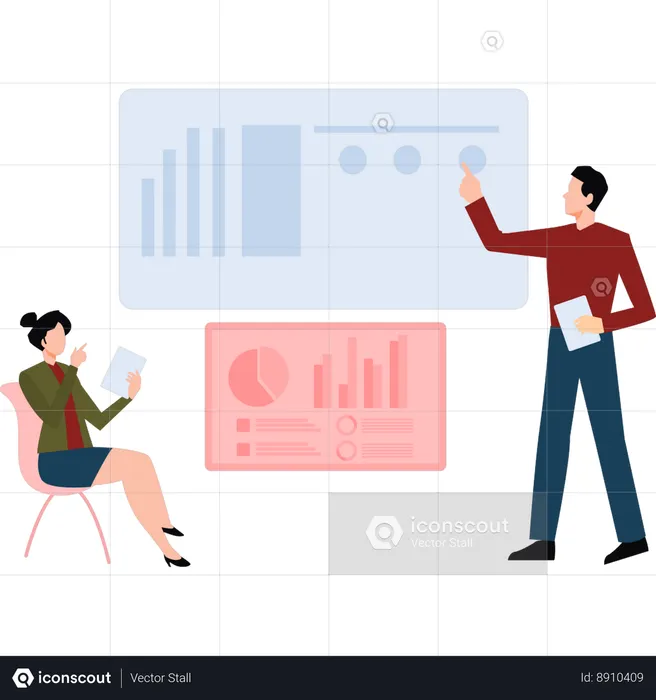 Businesswoman and businessman Discussing Business Graph  Illustration