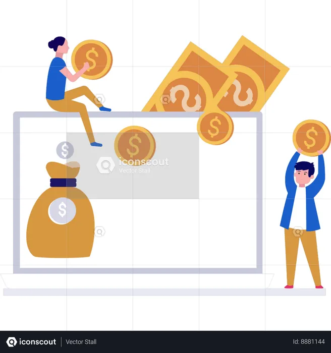 Businesswoman and businessman holding the coins  Illustration