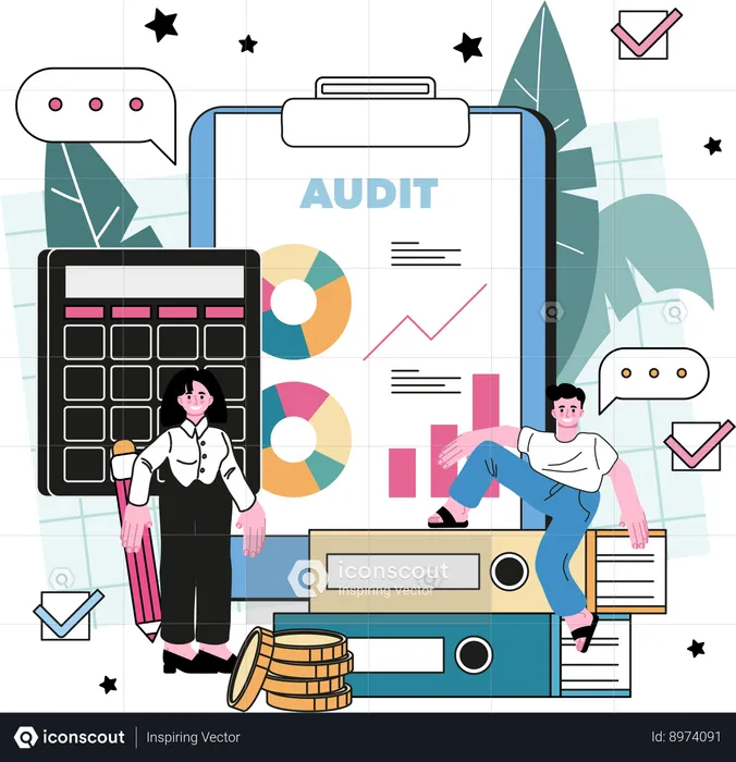 Businesswoman and man working on financial calculation  Illustration