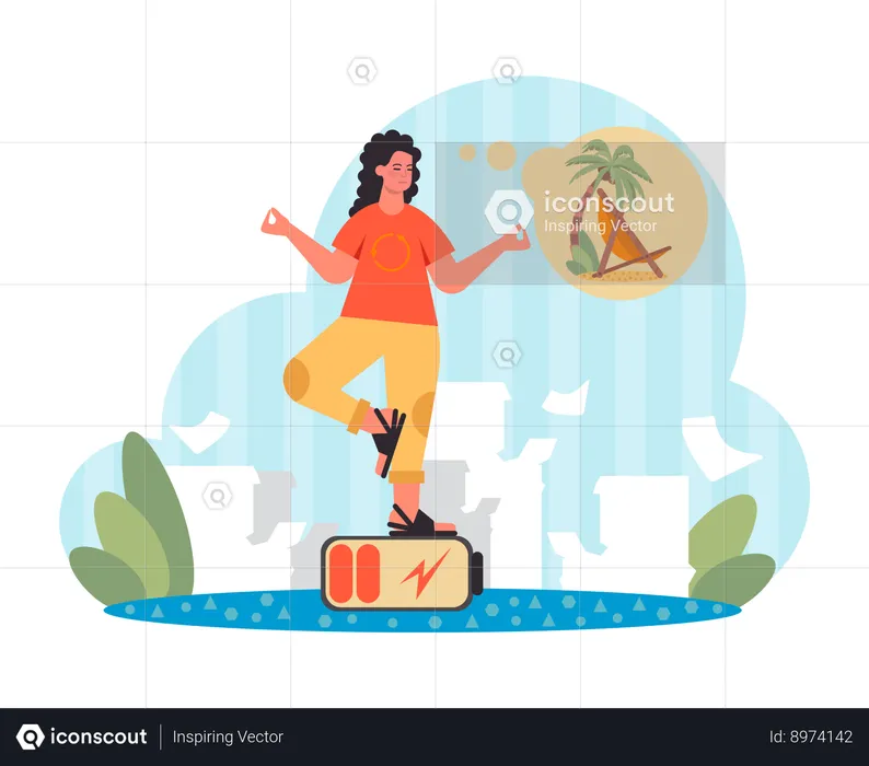 Businesswoman at office thinking about summer holidays on beach  Illustration