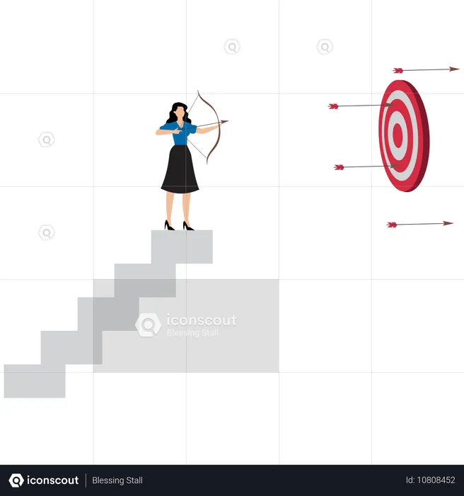 Businesswoman at top of the ladder wants to put an arrow in the target  Illustration