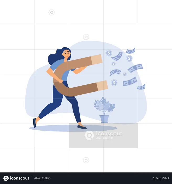 Businesswoman attracting money with Magnet  Illustration