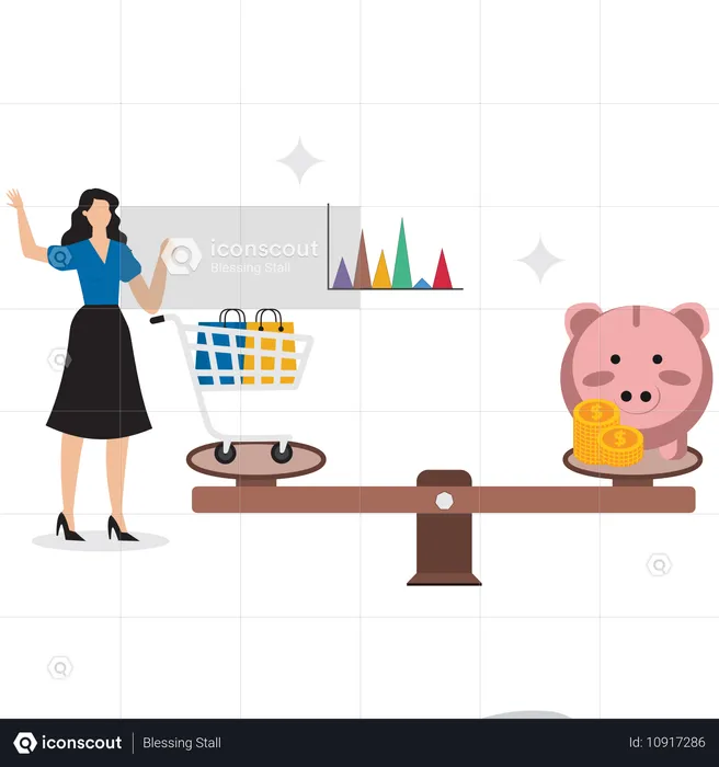 Businesswoman balancing shopping and saving  Illustration