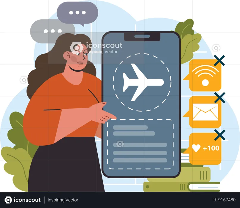 Businesswoman books online flight ticket  Illustration