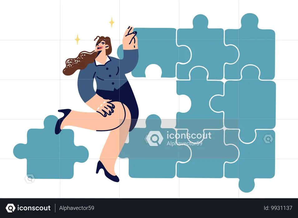 Businesswoman builds solid corporate structure from puzzle pieces  Illustration