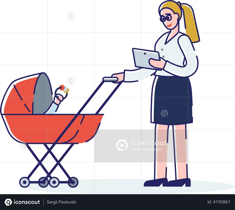 Businesswoman carrying her child inside pram  Illustration