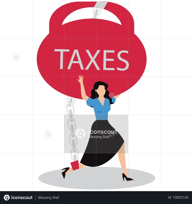 Businesswoman chained with taxes  Illustration