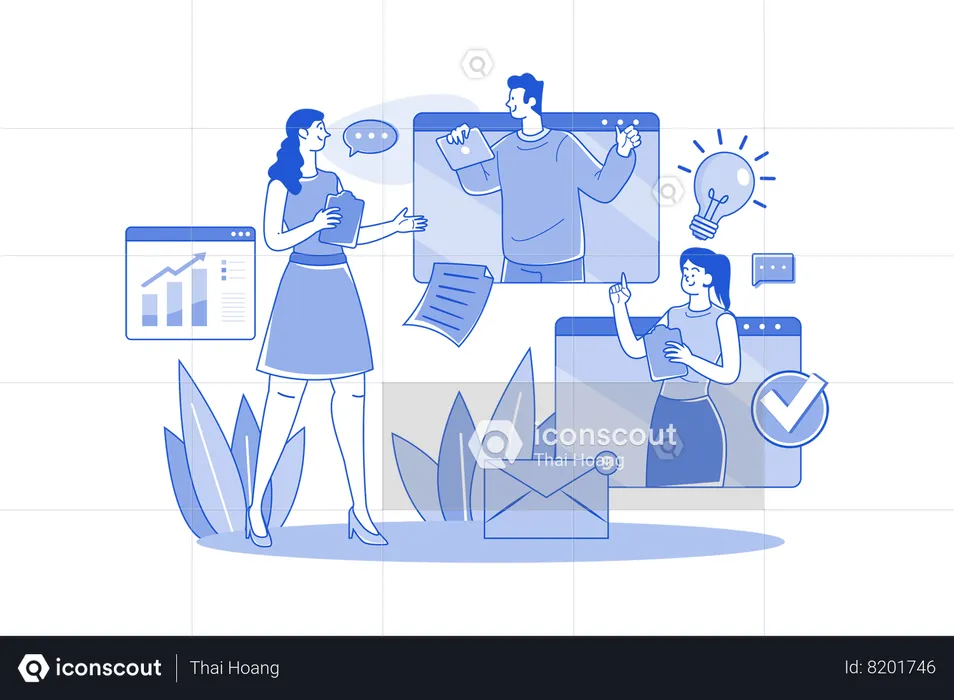 Businesswoman Chatting Online With Colleagues  Illustration