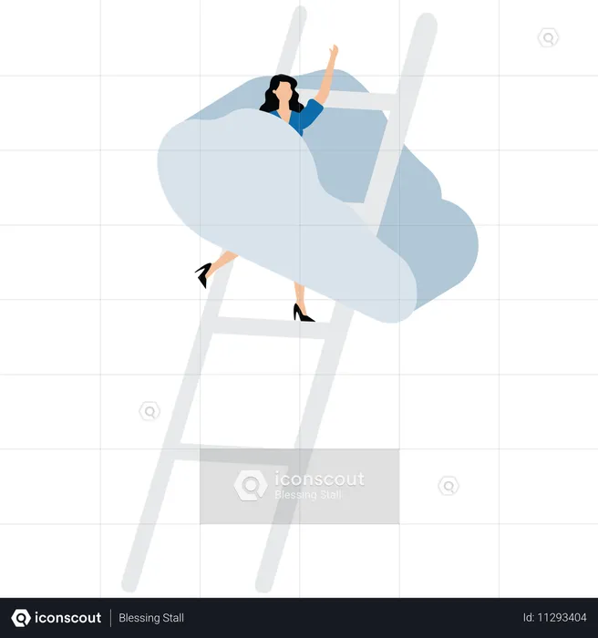 Businesswoman climbing ladder to cracked sky  Illustration