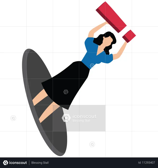 Businesswoman comes out of hole next to him big red exclamation mark  Illustration