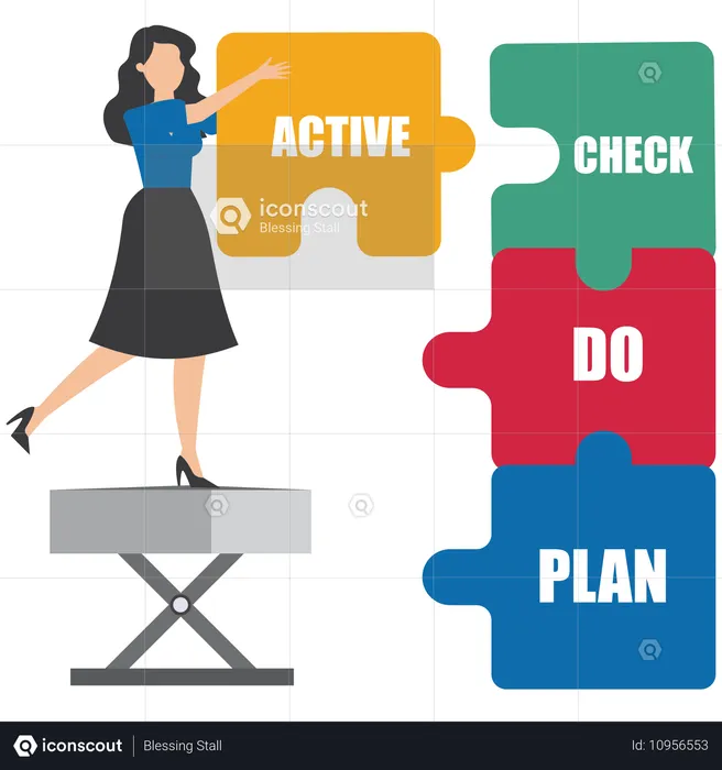 Businesswoman complete puzzle that says plan do check action  Illustration