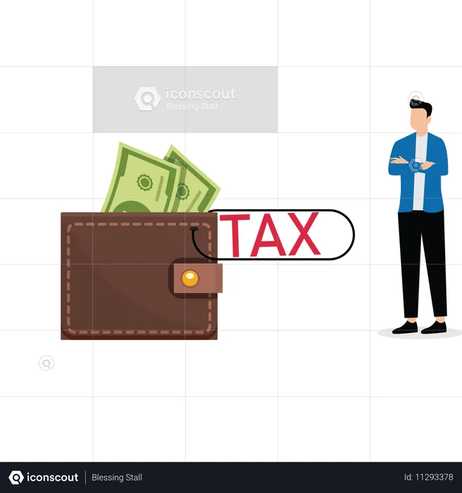 Businesswoman crosses his arms looking at money in wallet with tax clip  Illustration