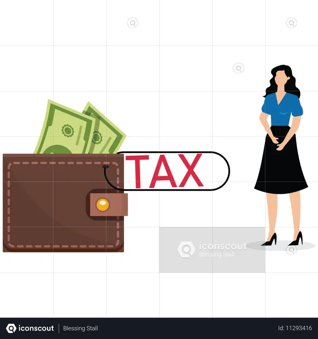 Businesswoman crosses his arms looking at money in wallet with tax clip  Illustration