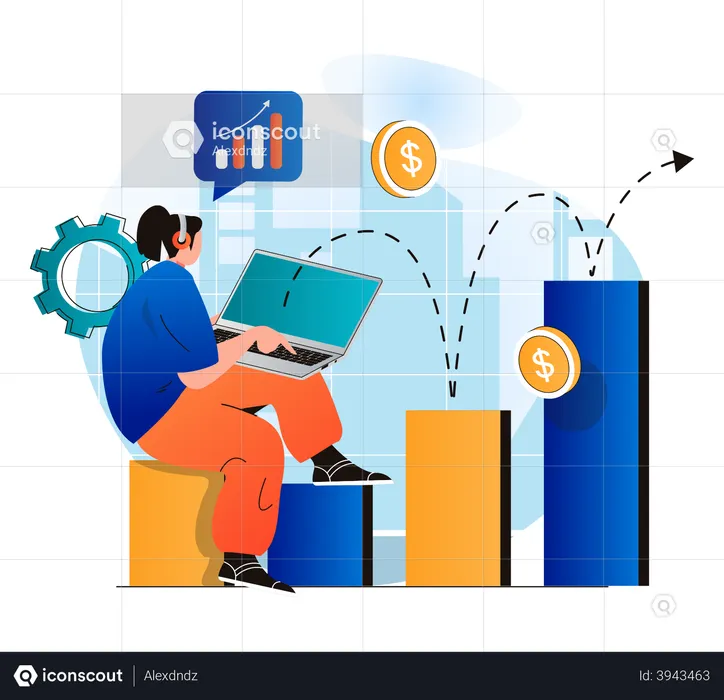 Businesswoman doing online growth analysis  Illustration