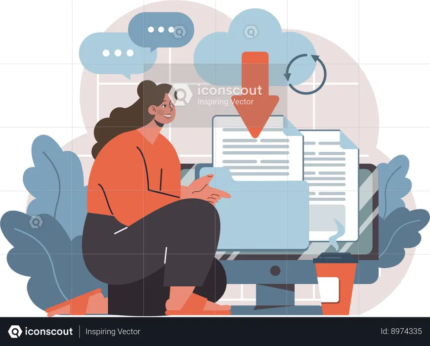 Businesswoman downloads online data  Illustration