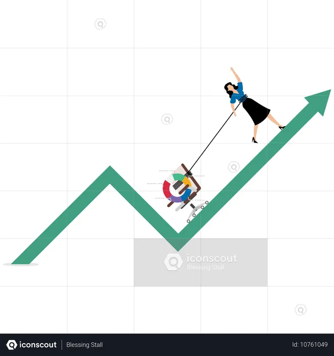 Businesswoman dragging performance pie chart and office chair along up arrow  Illustration