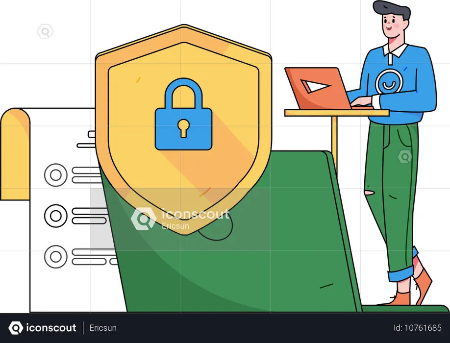 Businesswoman ensures computer safety  Illustration