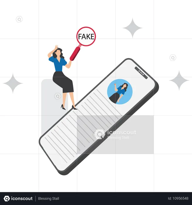 Businesswoman examining fraudulent messages using a magnifier  Illustration