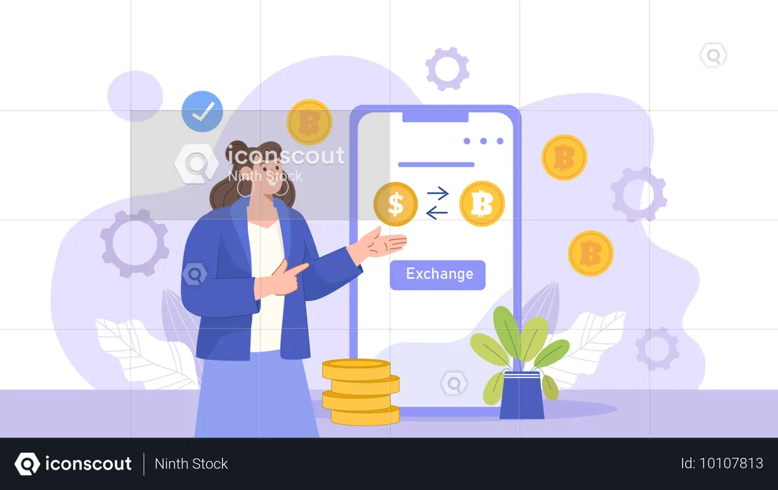Businesswoman exchanges crypto currency coins  Illustration