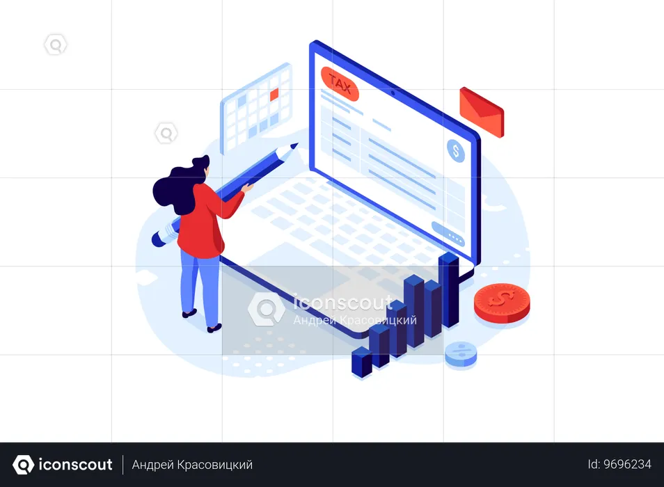 Businesswoman filling tax form via laptop  Illustration