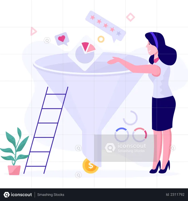 Businesswoman filtering profit from marketing and management  Illustration