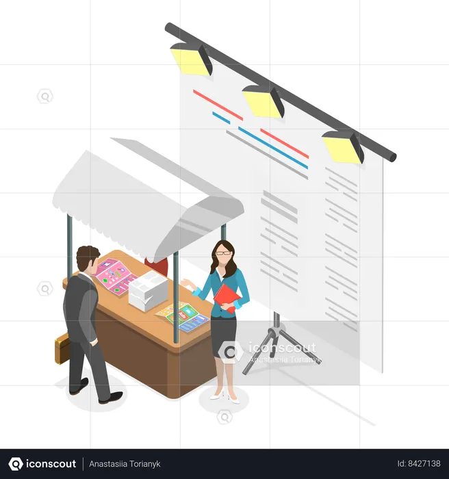 Businesswoman giving presentation at trade show  Illustration