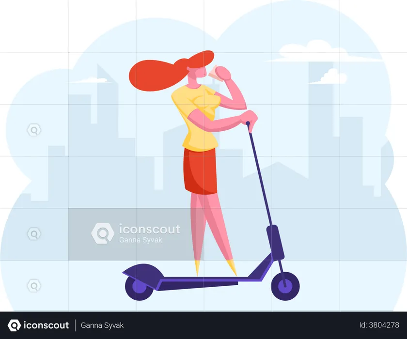 Businesswoman going office on electric scooter  Illustration