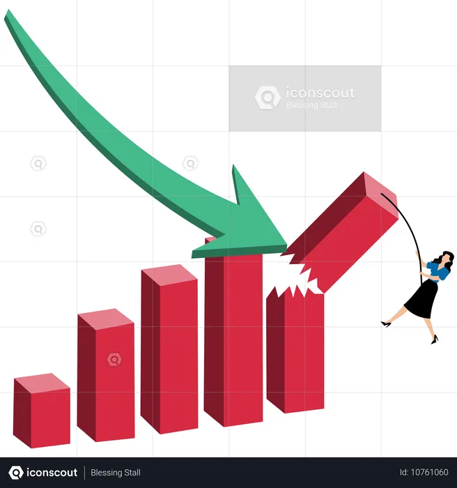 Businesswoman hanging on edge of broken bar graph to survive after falling graph attack  Illustration