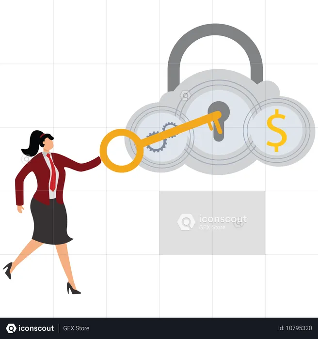 Businesswoman hold key for unlock cloud server  Illustration