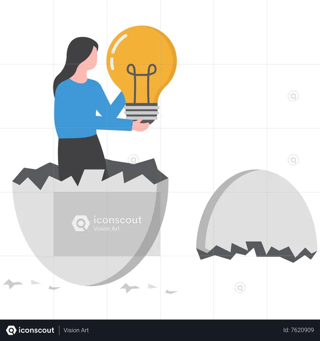 Businesswoman holding a big idea light bulb and breaking out of a giant egg shell  Illustration