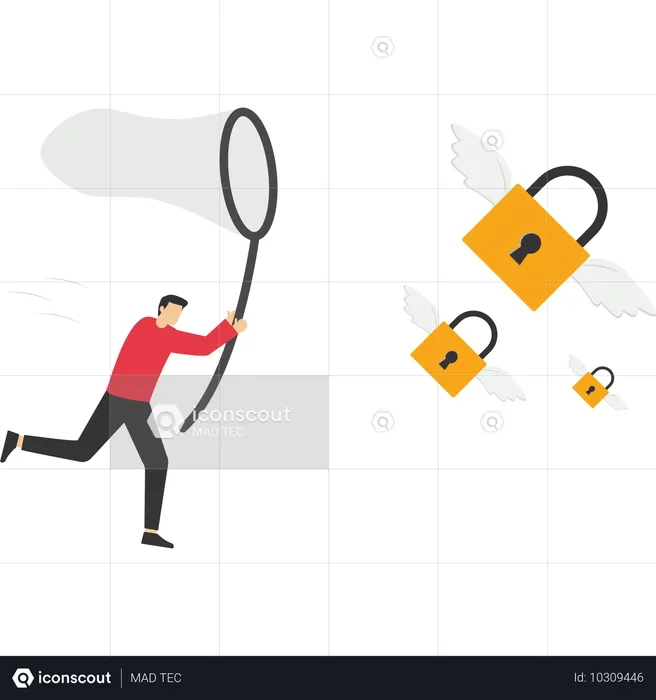 Businesswoman holding butterfly net catch padlock  Illustration