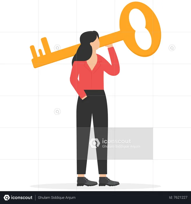 Businesswoman holding giant key on shoulder  Illustration