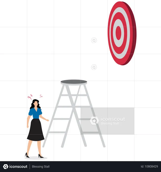 Businesswoman Holding Ladder to Reach High Round Arrow Target  Illustration