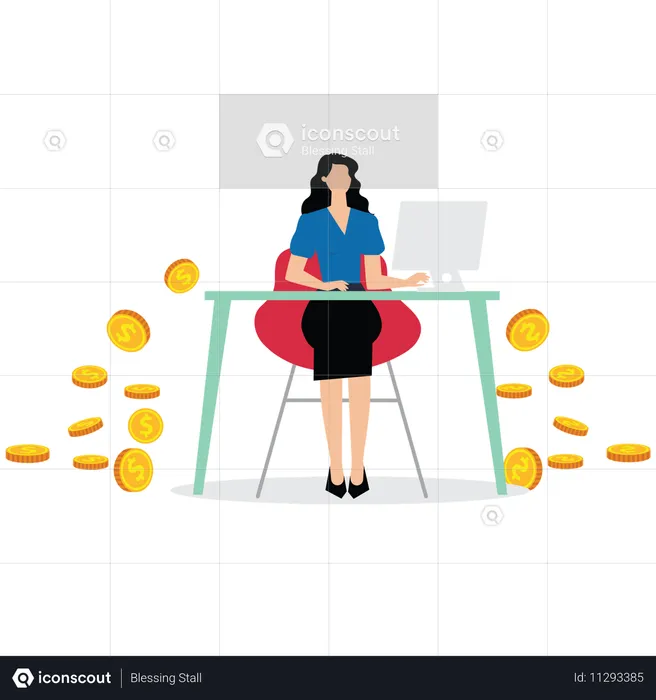 Businesswoman holding laptop and coins scattered around him  Illustration