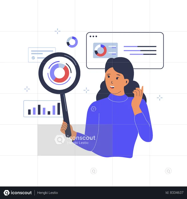 Businesswoman holding magnifying glass and doing business research  Illustration