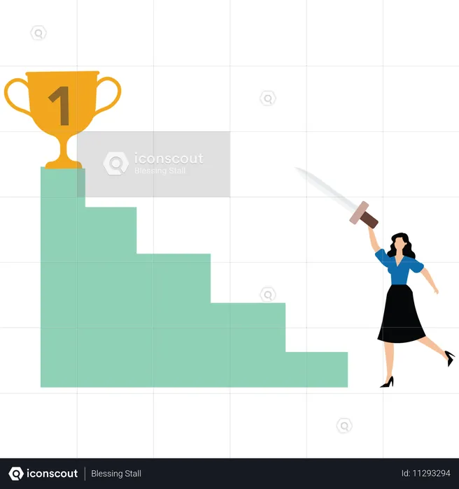 Businesswoman holding sword and pointing champion trophy at top of stairs  Illustration