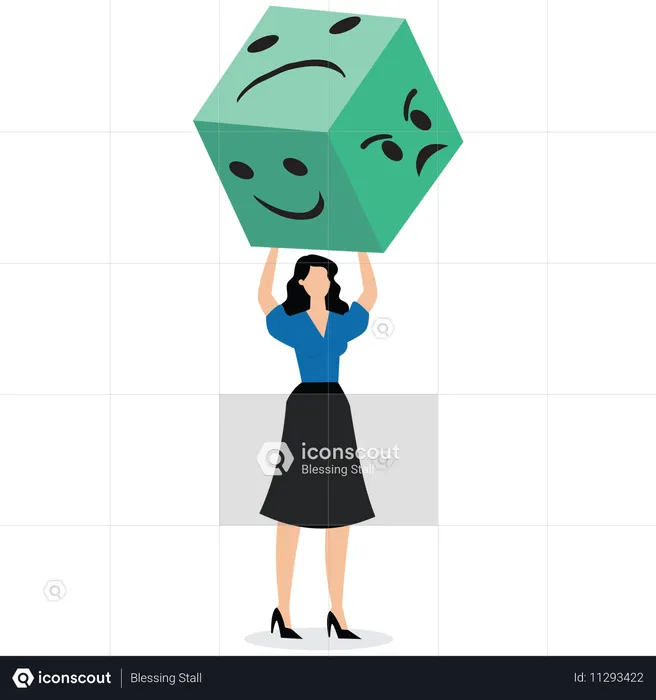 Businesswoman holding up dice in form of satisfied and angry faces  Illustration