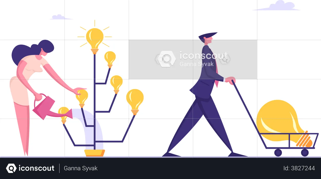 Businesswoman Inventor Grow Idea Tree with Light Bulbs on Branches Sale Harvest to other People  Illustration